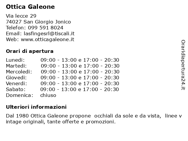 Orari di apertura Ottica Galeone Via lecce